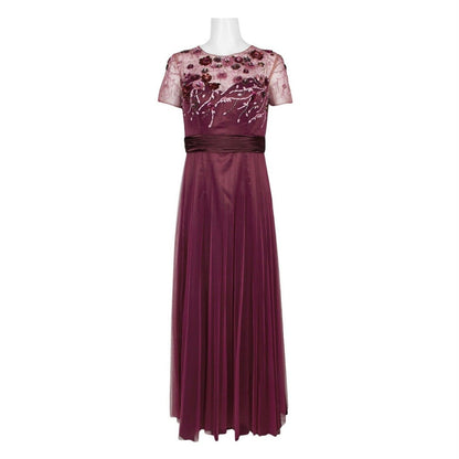 JS Collections Mesh Embellished Bodice Short Sleeve Dress Sz 16 Burgundy NWT