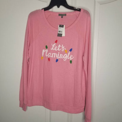 PJ Salvage Long Sleeve Boat Neck T-Shirt Flamingle Graphic-Print Pink Medium