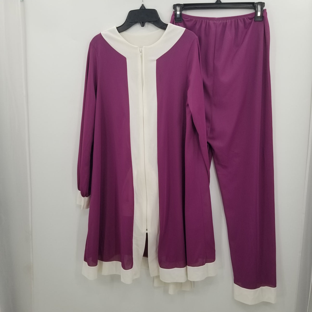 Mary Barron VINtage 3 Piece Pajama Lounge Set Pants Top Robe Purple Cream MEDIUM