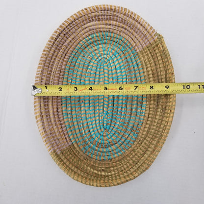 Handmade Senegal Woven Sea Grass Basket Recycled Plastic Astou Dioum Teal Wrap