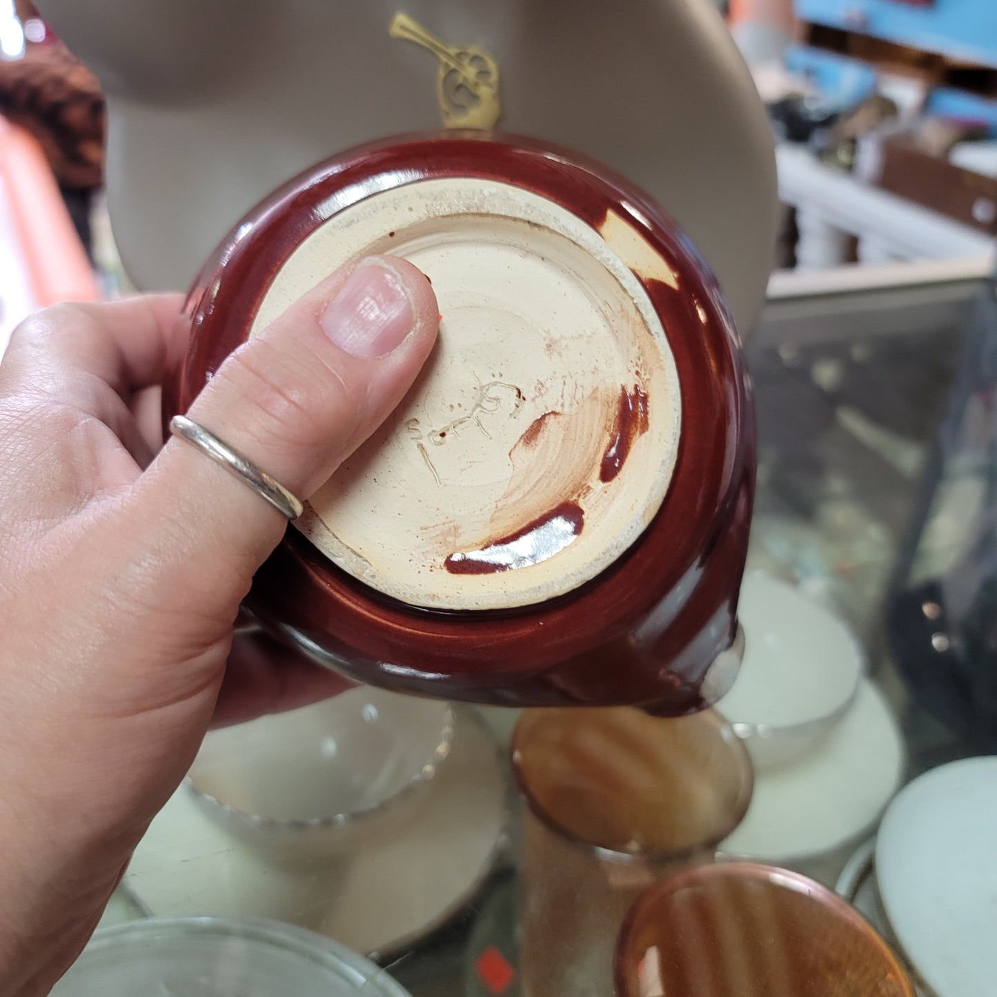 Handmade art pottery bowl scoop Burgundy Cream