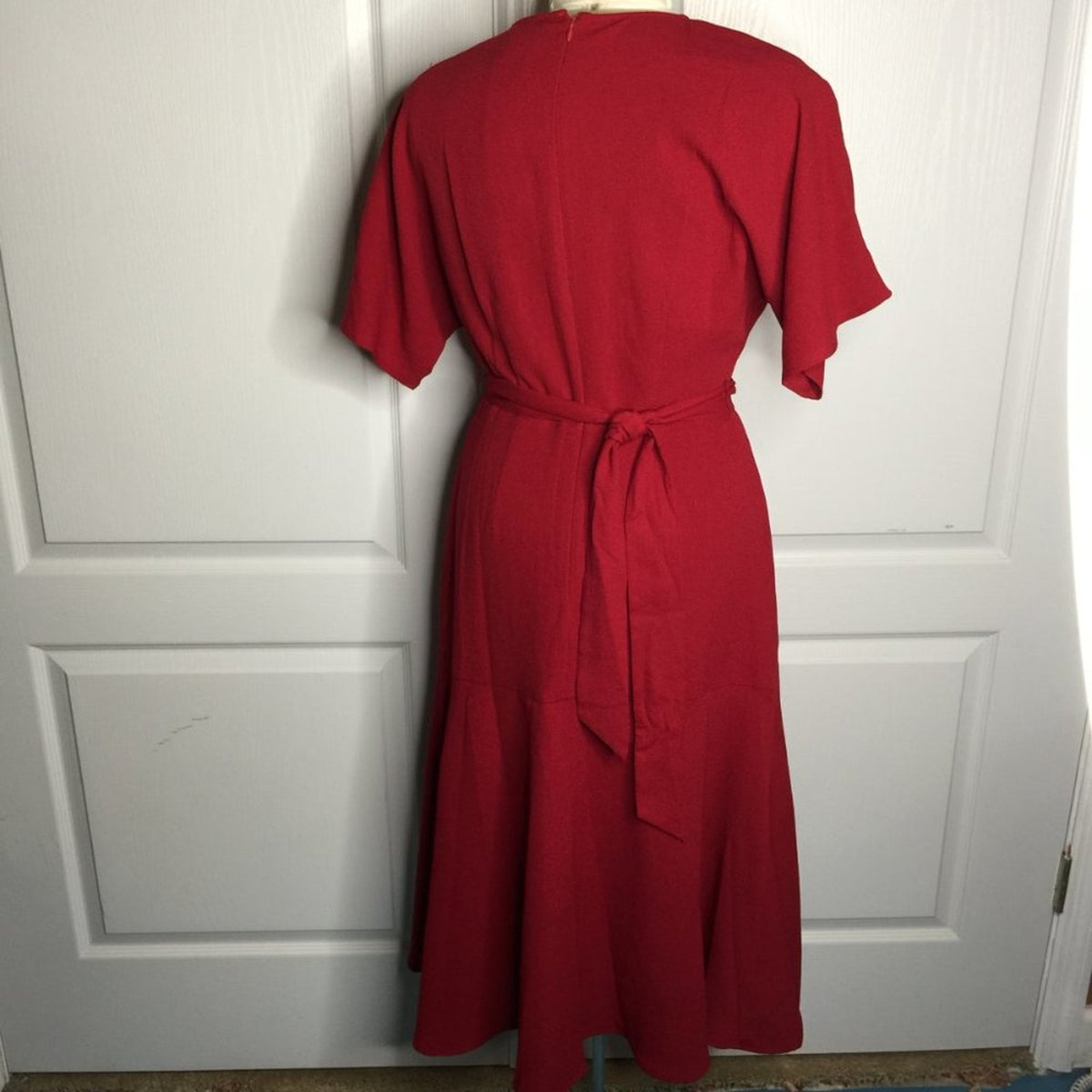 Charles Henry Short Sleeve Midi Dress Tie Waist Scoop Neck Burgundy Medium Work