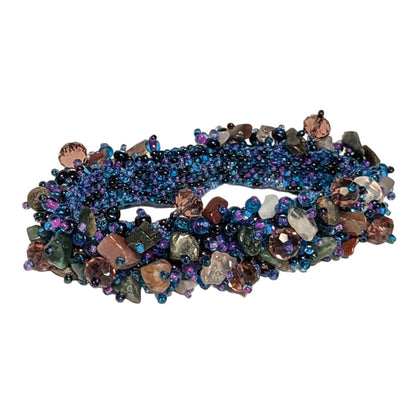 Handmade Art Blue Glass Agate Crystal Stone Beaded Bracelet Magnetic Closure 7"