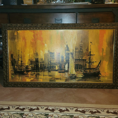 Mid-Century Lee Burr Vanguard Studios Cityscape Venice Harbor LARGE 48" X 24"