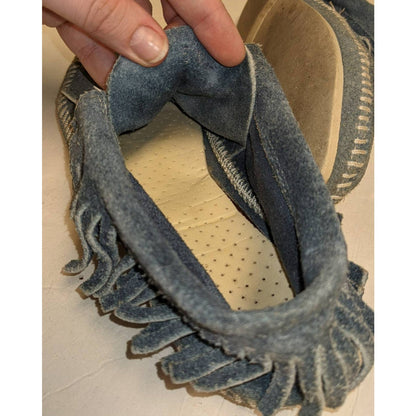 Vintage 80s Blue Suede Leather Fringe Moccasin Booties Soft Shoes  Size 8