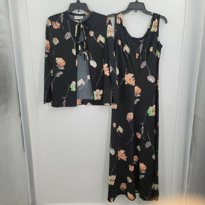 Yves Jennet Maxi & jacket Sleeveless Dress Floral Jacket Scoop Neck Black 2 pc