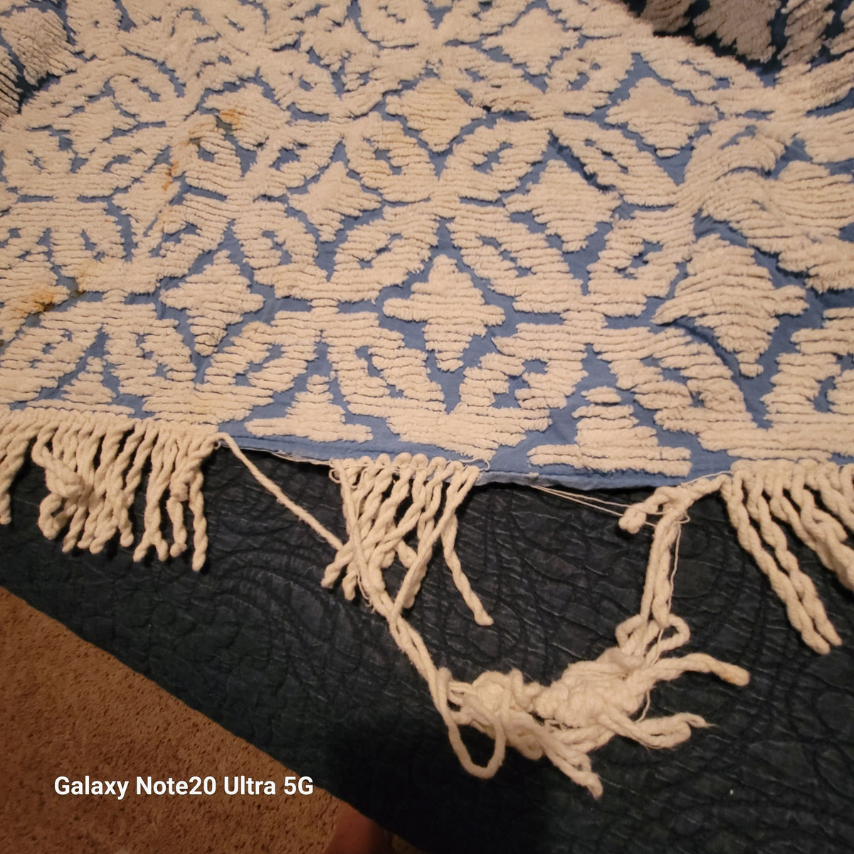Vintage blue white chenille Bedspread coverlet queen fringe 90" x 100"