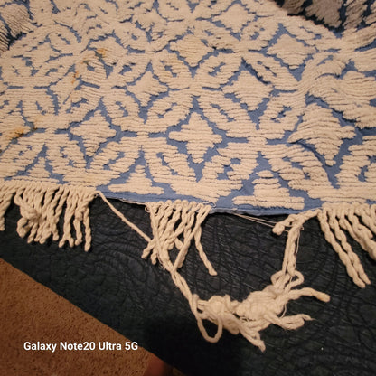 Vintage blue white chenille Bedspread coverlet queen fringe 90" x 100"