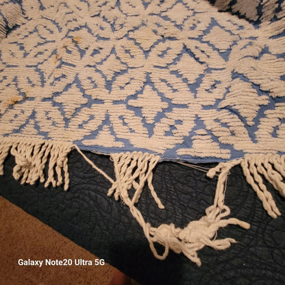 Vintage blue white chenille Bedspread coverlet queen fringe 90" x 100"