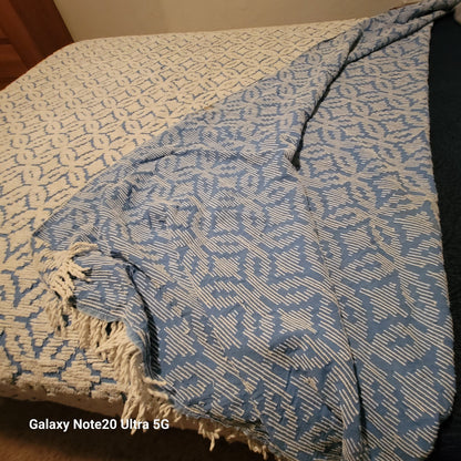 Vintage blue white chenille Bedspread coverlet queen fringe 90" x 100"