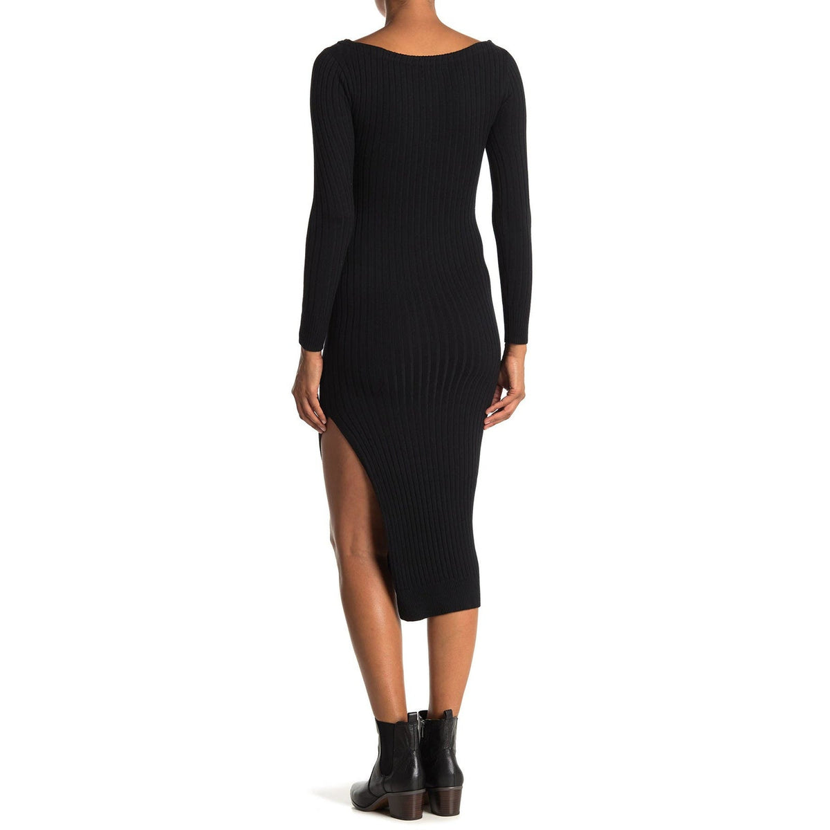Leith Ribbed Side Slit Sweater Dress Long Sleeve Square Neck Black LIGHT Small