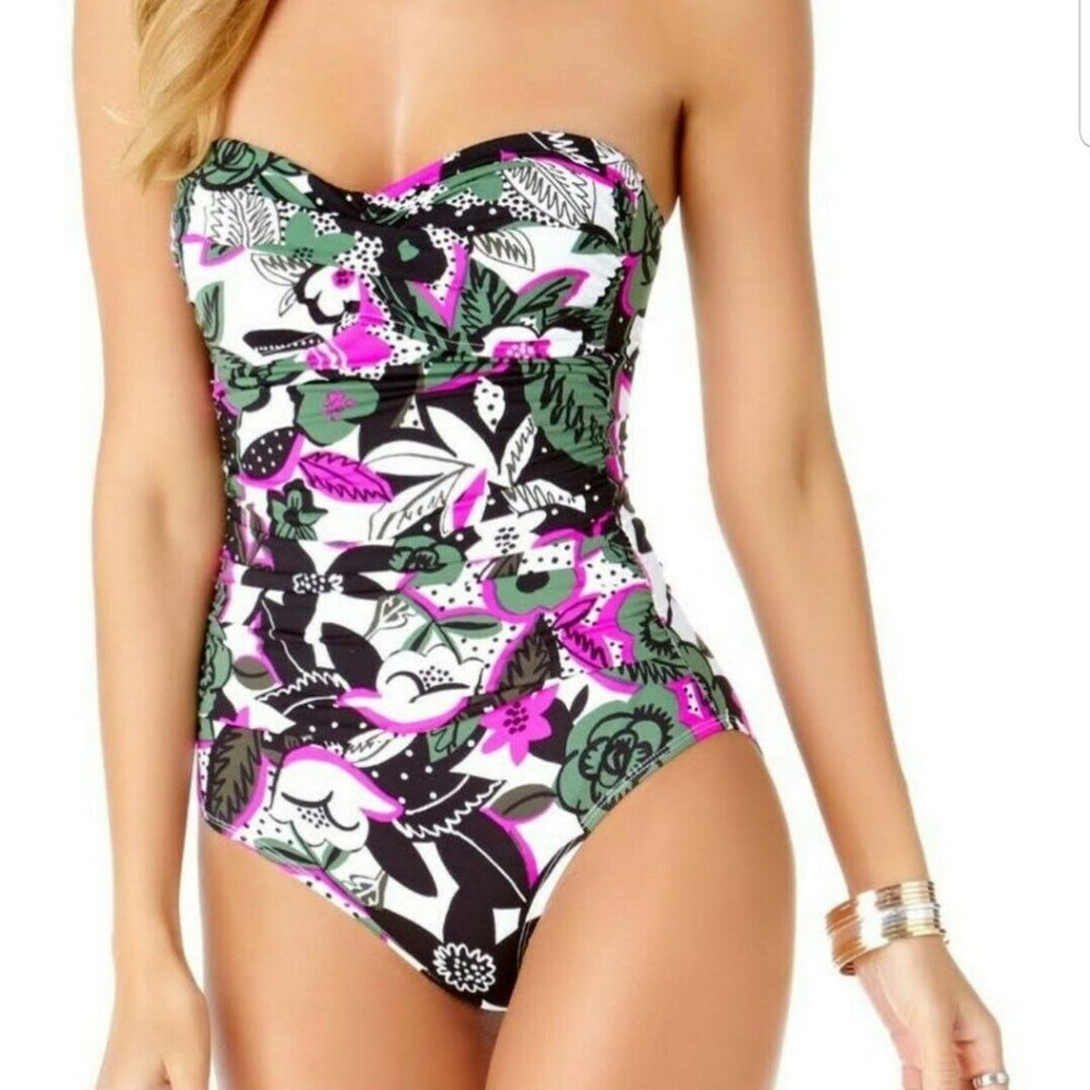 Anne Cole Bolo Babe Floral Printed Twist Front Swimsuit 8 bandeau One Piece