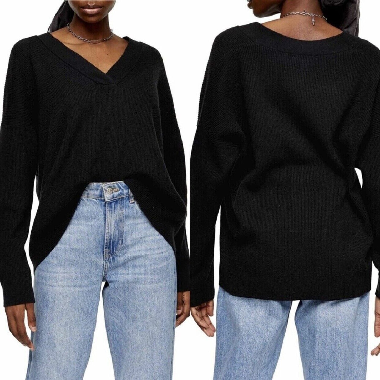 Topshop V-Neck Rib Knit Pullover Sweater Loose Fit Casual US 0-2 Black NWT