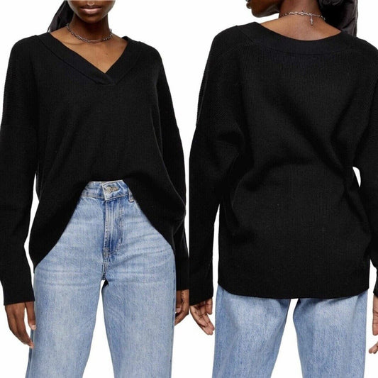 Topshop V-Neck Rib Knit Pullover Sweater Loose Fit Casual US 0-2 Black NWT