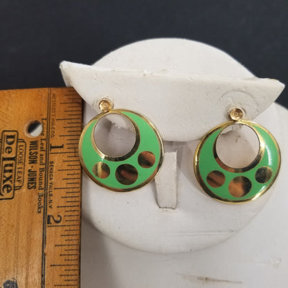 Vintage Green Enamel Golden Post Earrings Costume Jewelry Round hoop MOD