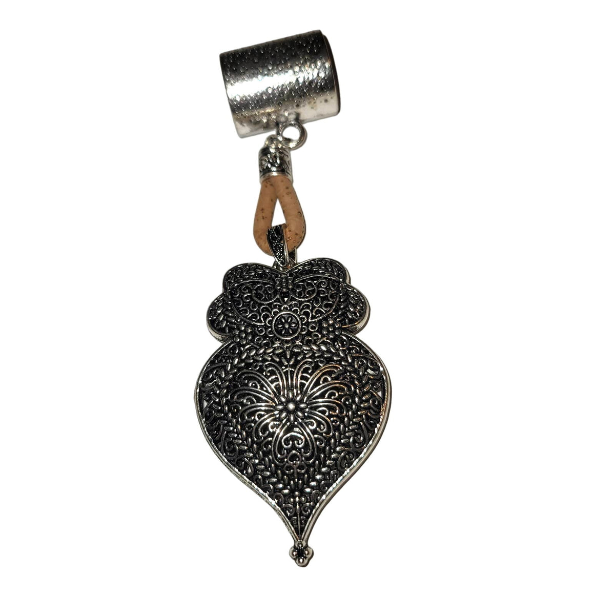 NEW silvertone Black Aged Filigree Metal Scarf Purse Slide Cork Rope DOUBLESIDED