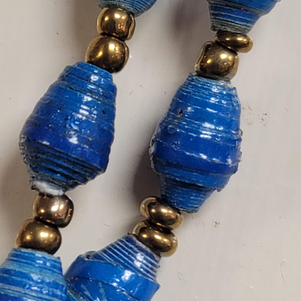 Vintage Costume Jewelry Magazine Handmade Rolled Paper Beads Necklace Blue Clasp