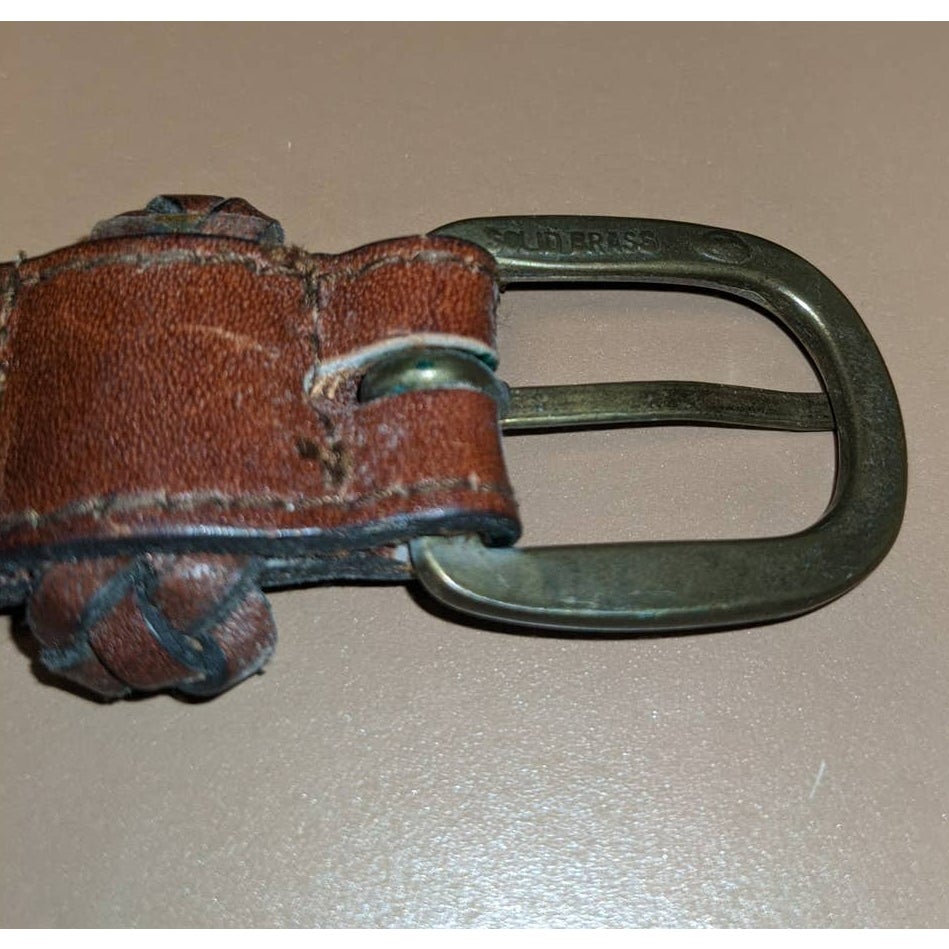Vintage Three Strand Braided Genuine Leather Belt Solid Brass Buckle size 34"