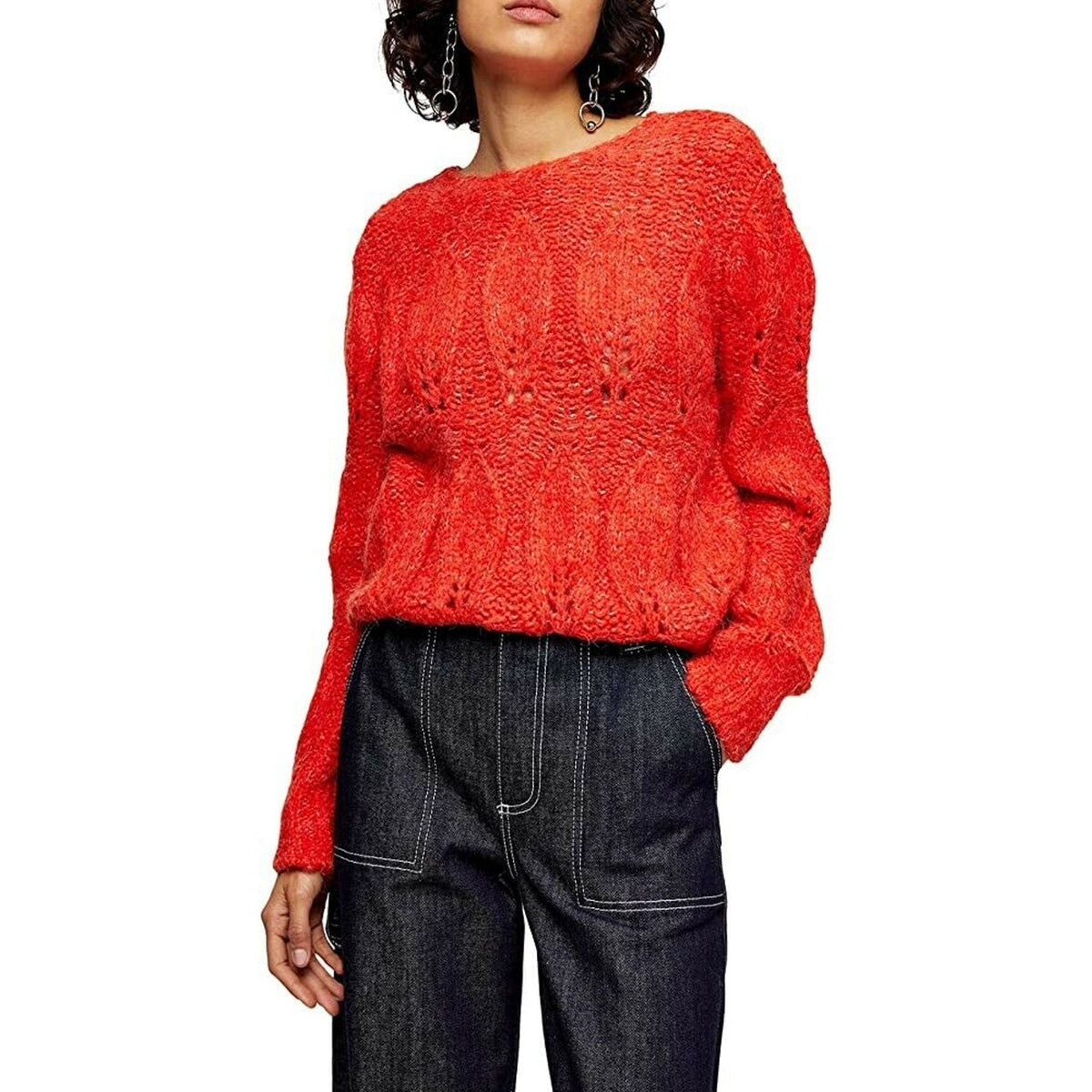 Topshop Womens 4/6 Orange Crop Chunky Cable Long Sleeve Fuzzy Sweater NEW