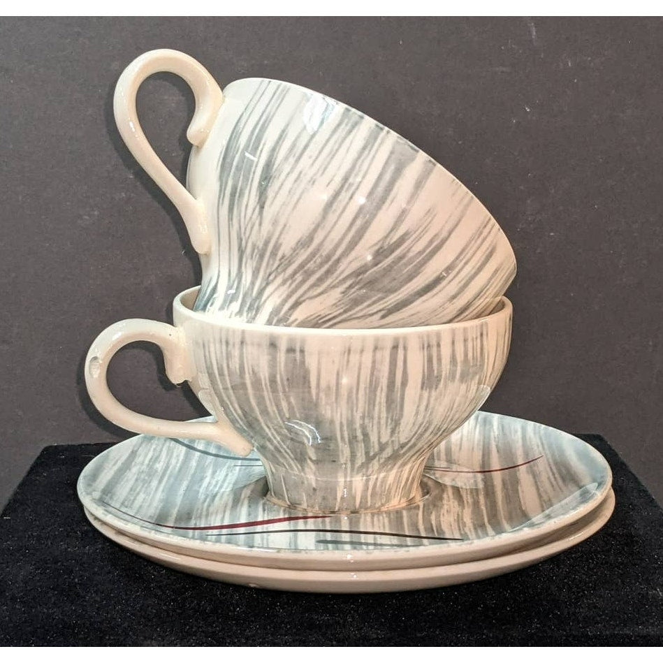 Stetson Vintage Set of 2 Tea Cups and Saucers Midcentury Minimalist Gray Red