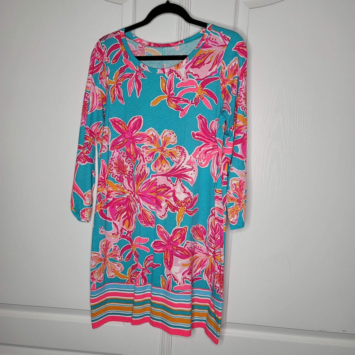 Lilly Pulitzer Linden Jersey Shift Dress in Via Sunny 3/4 Sleeve Turquoise/Pink