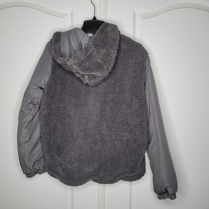 Zella Faux Shearling Bomber Jacket Front Zip Fixed Hood Long Sleeves Grey Large