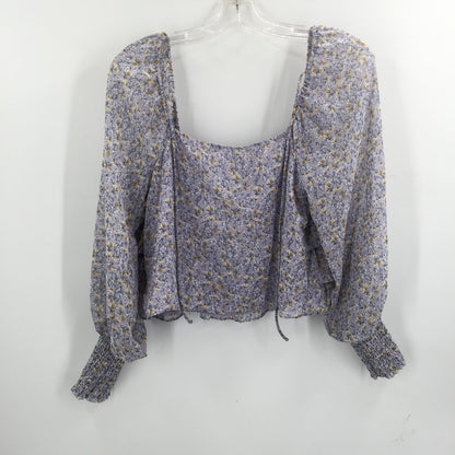 ASTR Women's Ruffle Neck Blouse Top Blue Ditsy Lavender Ruched Cuffs X-Small NWT