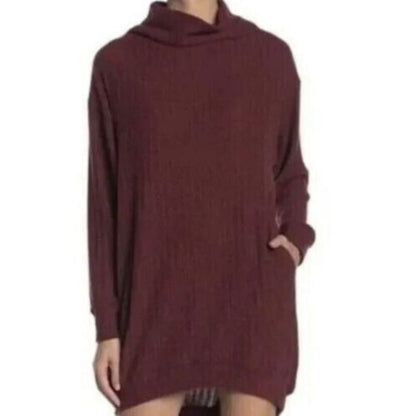 Lush Rib Knit Cowl Neck Pullover Sweater Tunic Dress Sz Small in Wine NWT