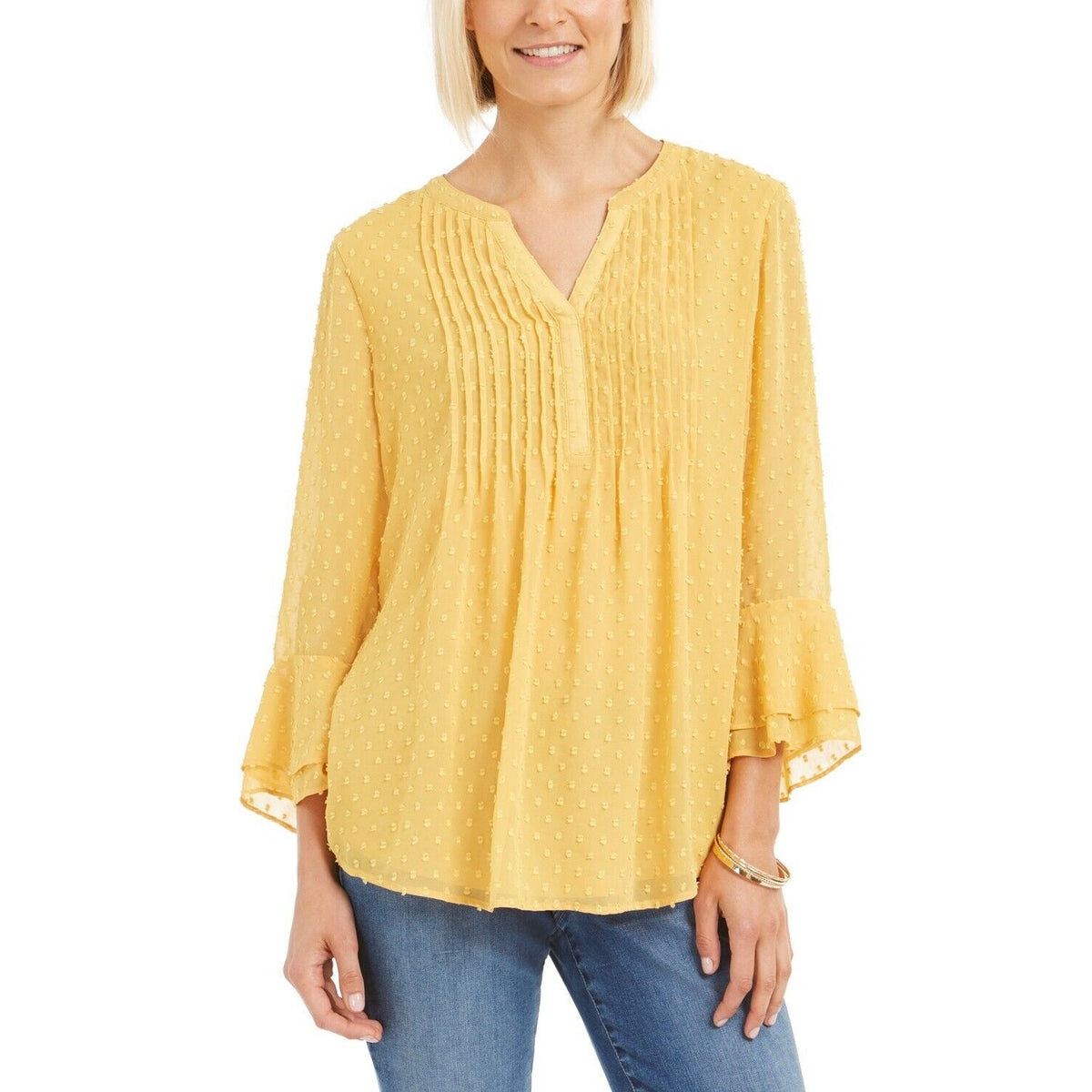 Charter Club Double-Ruffle Textured Pintuck Top Citron Aura Yellow Size XS