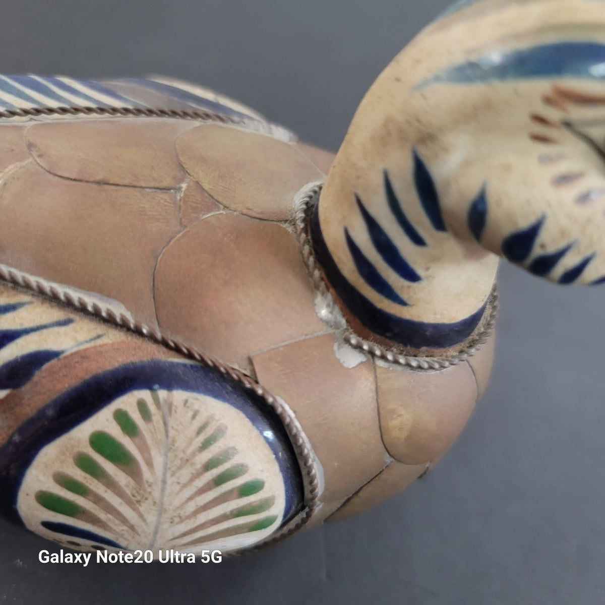 Vintage Tonala Mexican Folk Art Pottery Armored Duck Brass Feathers Hand Painted