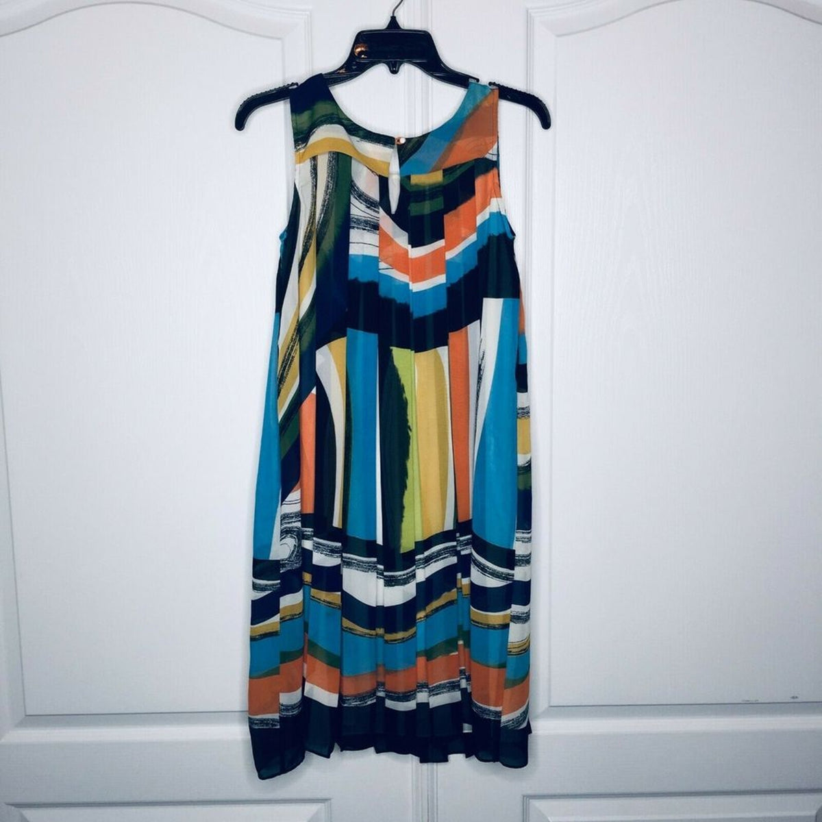 Trulli Sheer Overlay Pleated Sleeveless Shift Dress Multicolor Striped Size 6