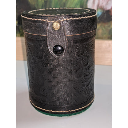 Vintage travel Game Dice Cup Leather Carved Brown Green Lining w Casino Die