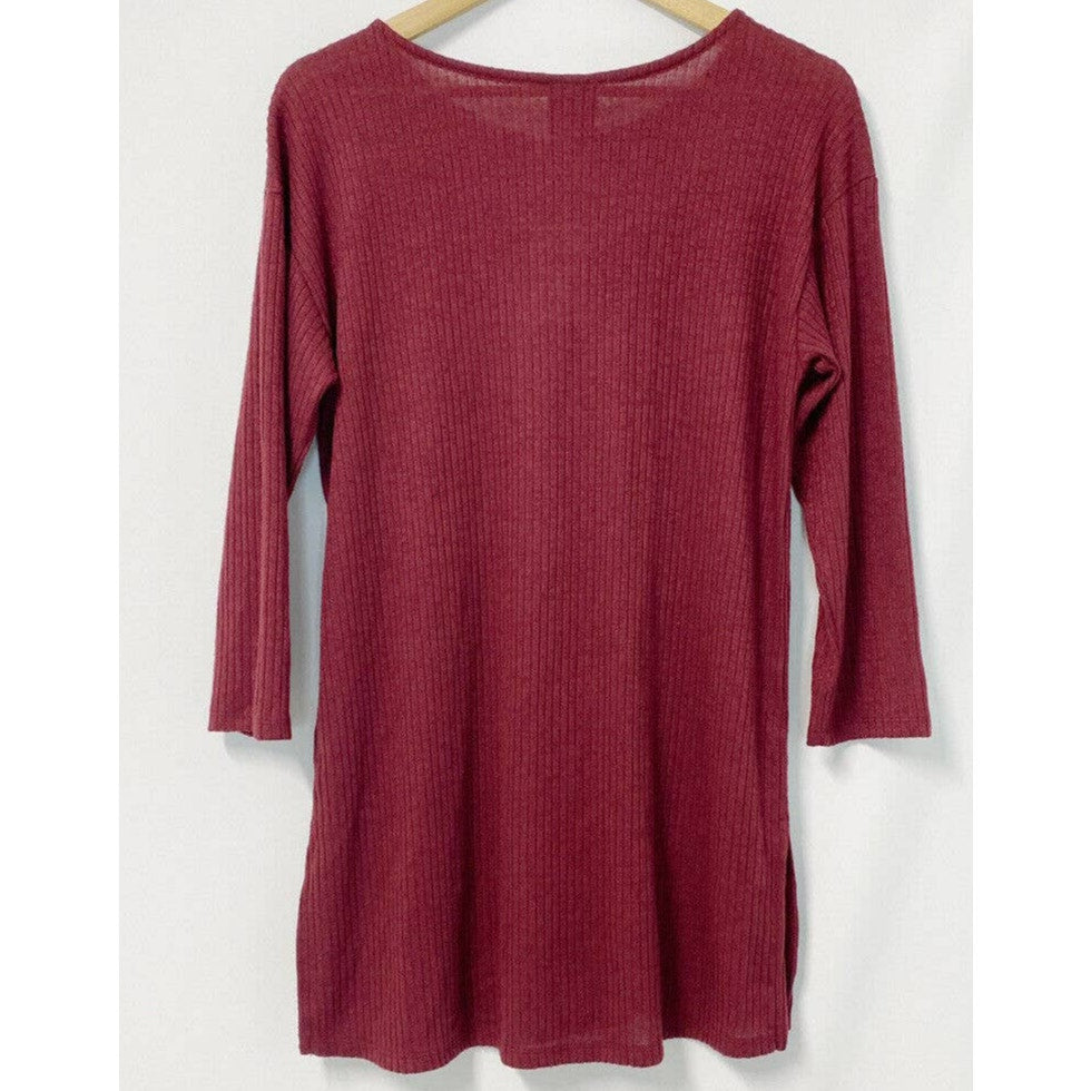 Bobeau 3/4 Sleeve Side Vents Ribbed Tunic Top Sz XS/Extra Small Windsor Wine NWT