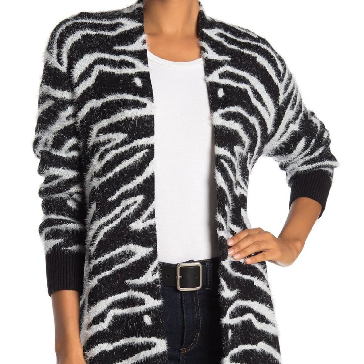 Susina Open Front Cardigan Sweater Long Sleeve Zebra Print Black-White LARGE
