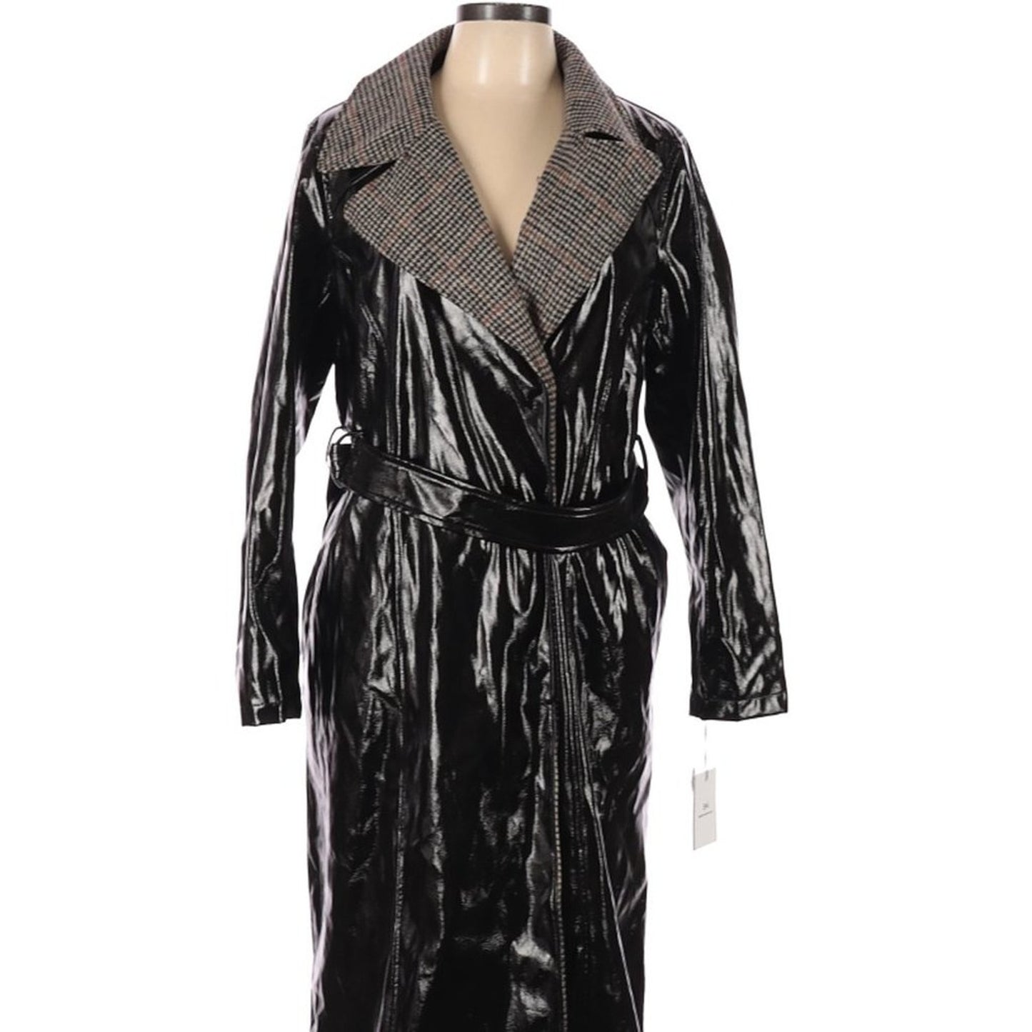 Something Navy Gloss Trench Coat Belted Black Size Medium goth matrix Jacket NEW