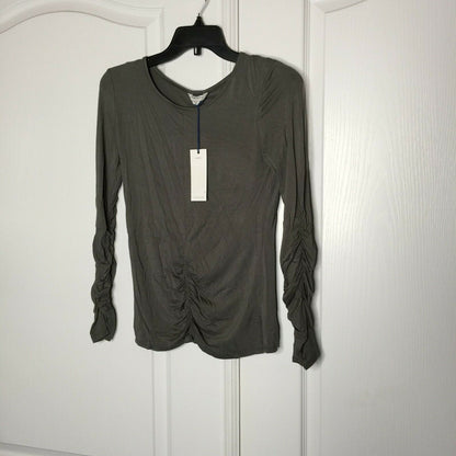 Habitual Girls Angela Gathered Knit Top Crew Neck Long Ruched Sleeves Olive Size 14