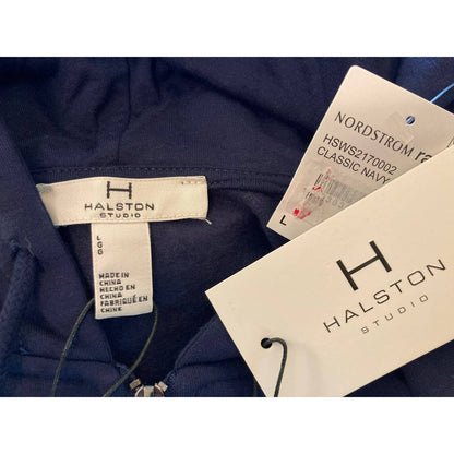 Halston Studio Zip Front Long Sleeve Drawstring Hoodie Sz Large in Navy Blue NWT