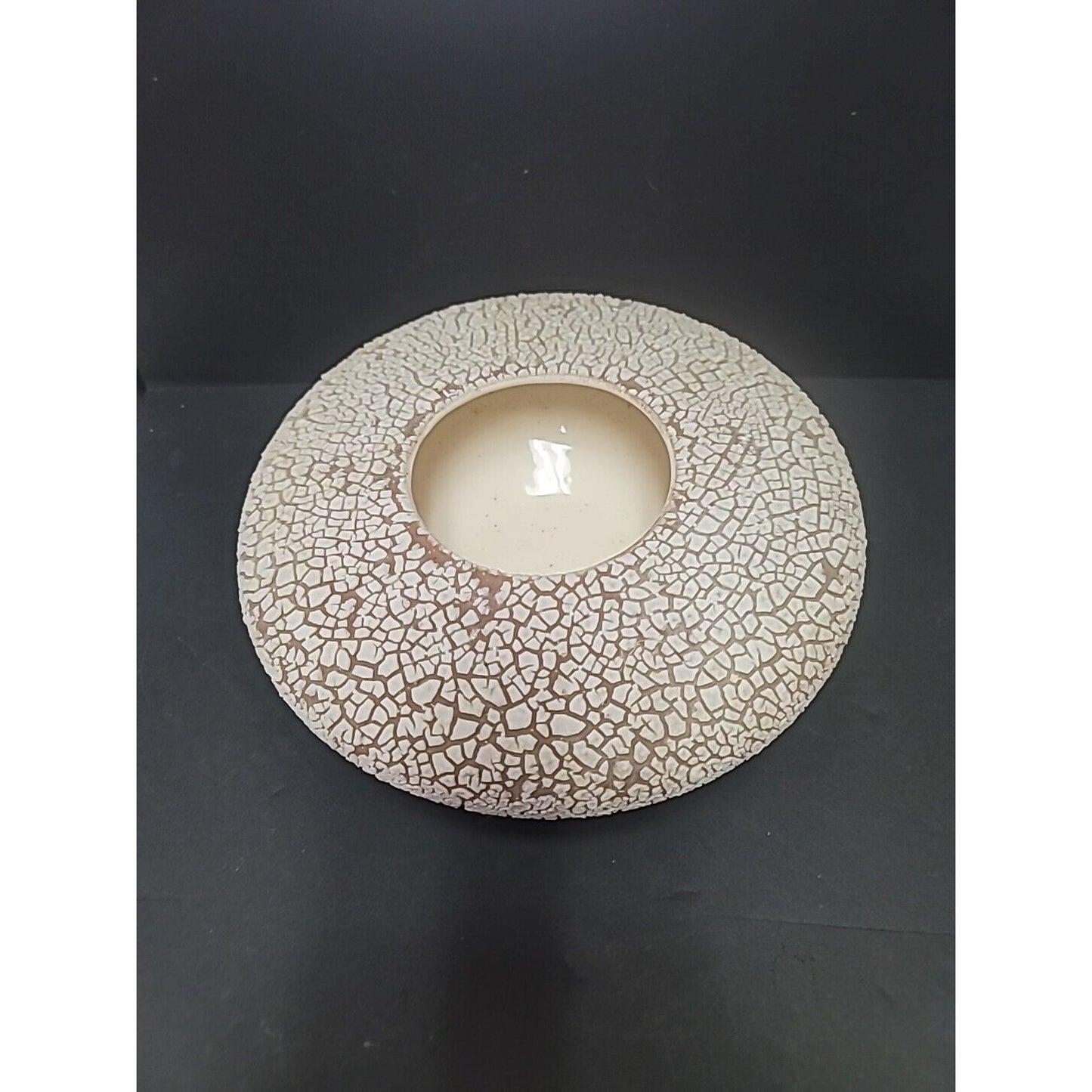 Mid Century Modern Pottery Planter White Crackle Texture Brown Bottom Spaceship