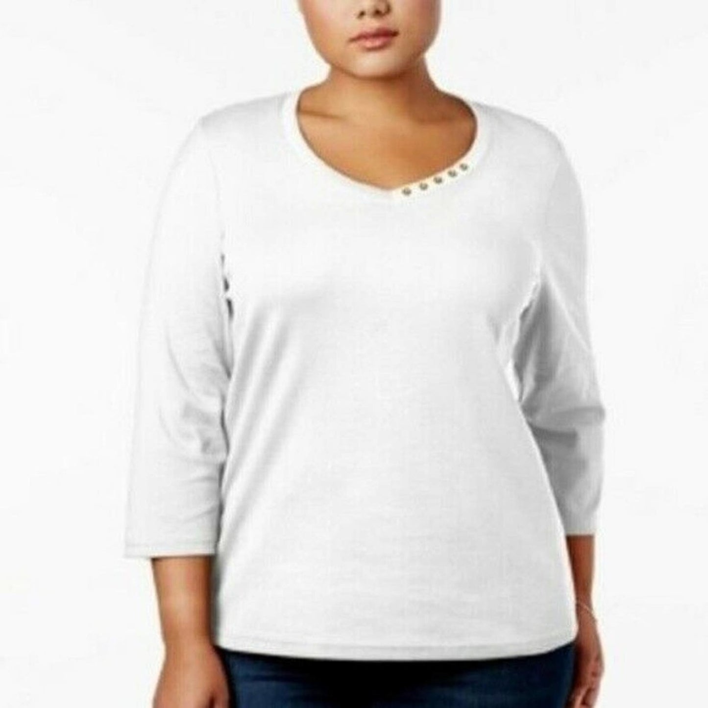 Karen Scott Cotton V-Neck Top Pullover Button Embellish Bright White Size LARGE