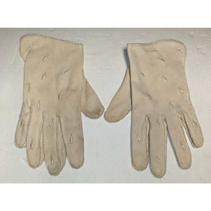 Vintage Ivory Cream Handsewn Shorties Embroidered Leaves Faux Doeskin Gloves