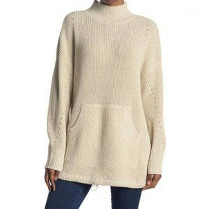 RDI Tunic Sweater Mock Neck Kangaroo Pockets Ribbed White Beach Size Medium
