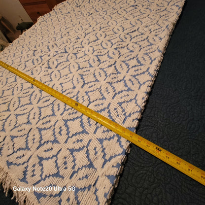 Vintage blue white chenille Bedspread coverlet queen fringe 90" x 100"