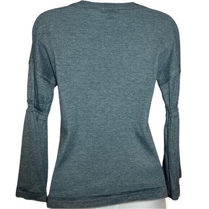Baea Los Angeles Raw Seam Waffle Thermal Bell Sleeve Top Sz Small Denim Blue NWT
