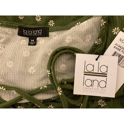 La La Land Creative Co Women's Ruched Crop Top Medium Sage Floral NWT V-Neck