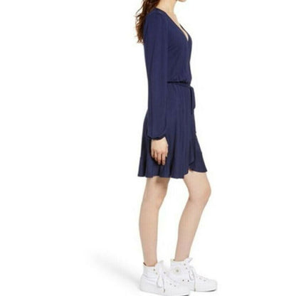 BP. Long Sleeve Faux Wrap V-Neck Casual Dress Size Medium Navy Blue Salute NWT