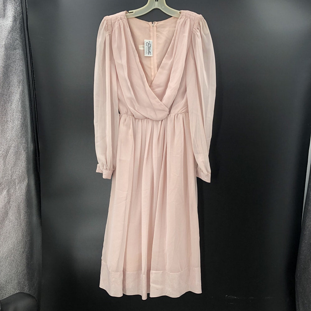 Miss Elliette Vintage 1990s Puff Sleeve Faux Wrap Pleated Dress Pink Medium