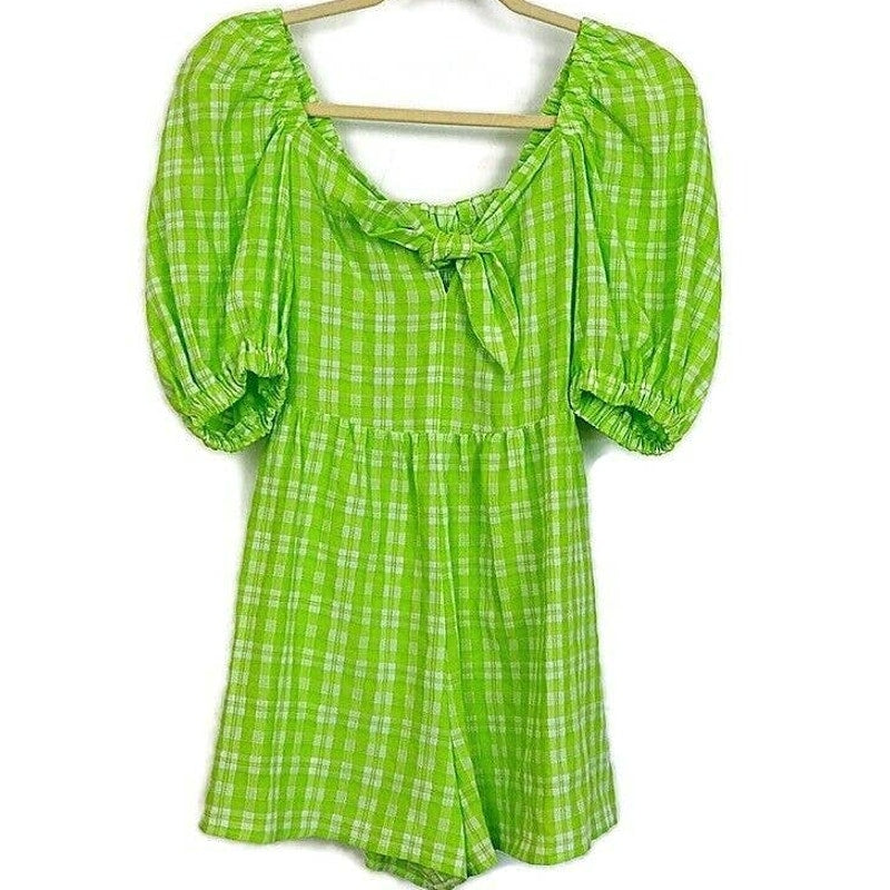 Topshop Ruched Bow Front Scoop Neck Puff Sleeve Romper US Size 2 Lime Plaid NWT