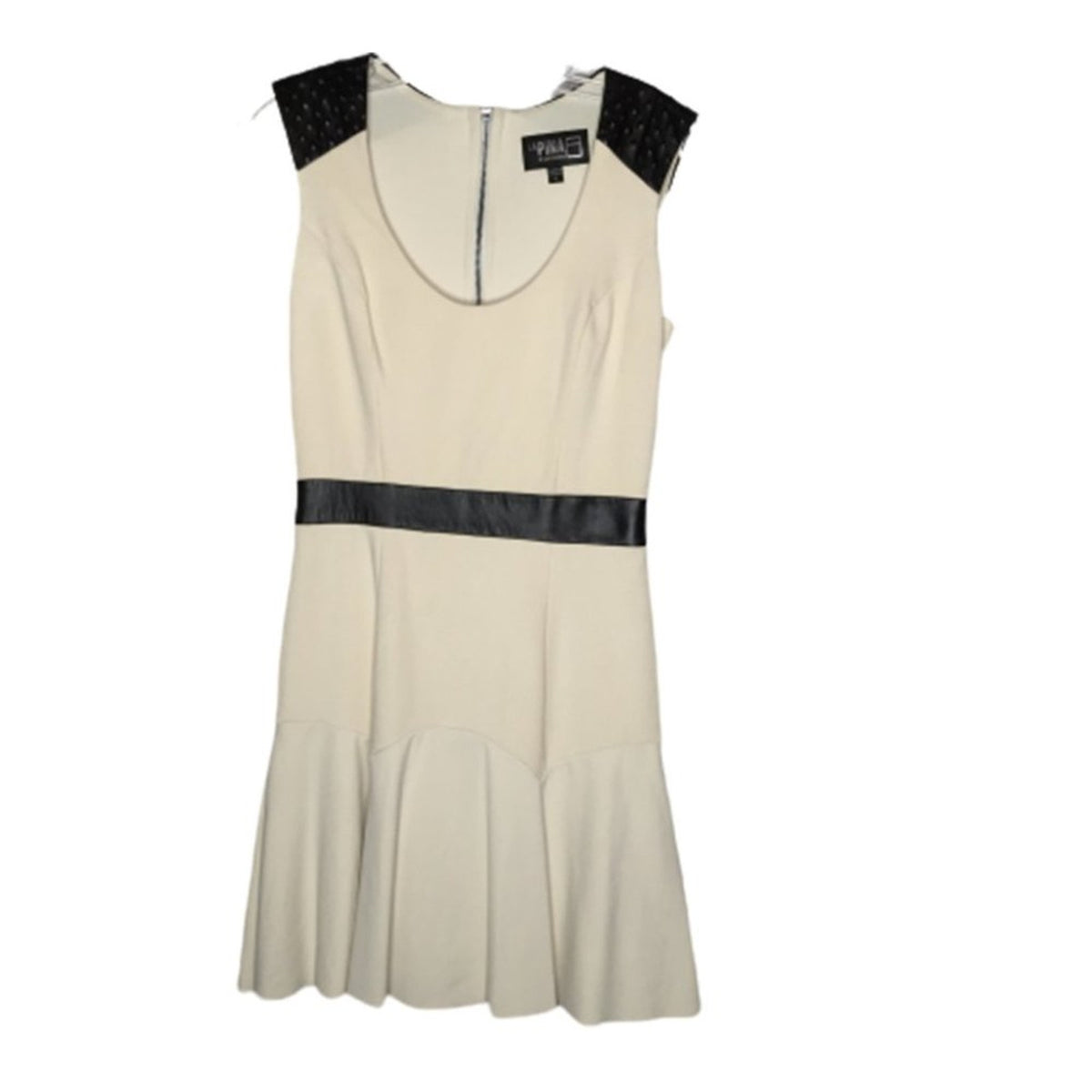 La Pina David Helwani Leather Dress Scoop Neck Black Cream Small BAck Zipper