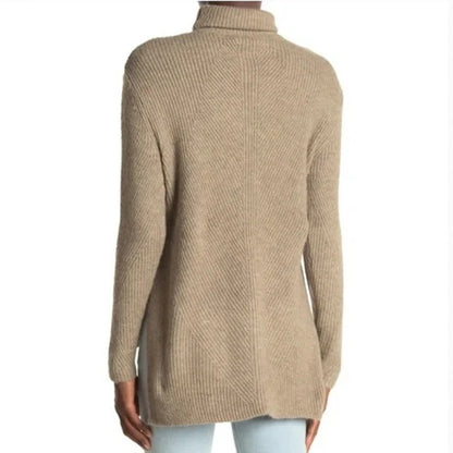 Sweet Romeo Sweater Large Heather Latte NEW Abstract Rib Turtleneck Hi Low Tunic