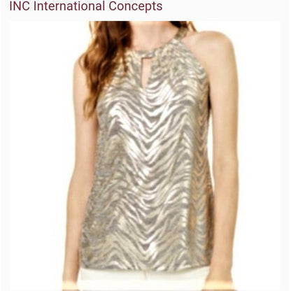 INC International Concepts Animal Print Halter Top Small Petite Gold SUMMER